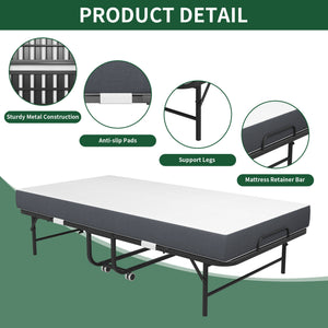 Twin Extra Long Folding Bed For Tall People, Heavy-Duty Rollaway Guest With Memory Foam Mattress - Black