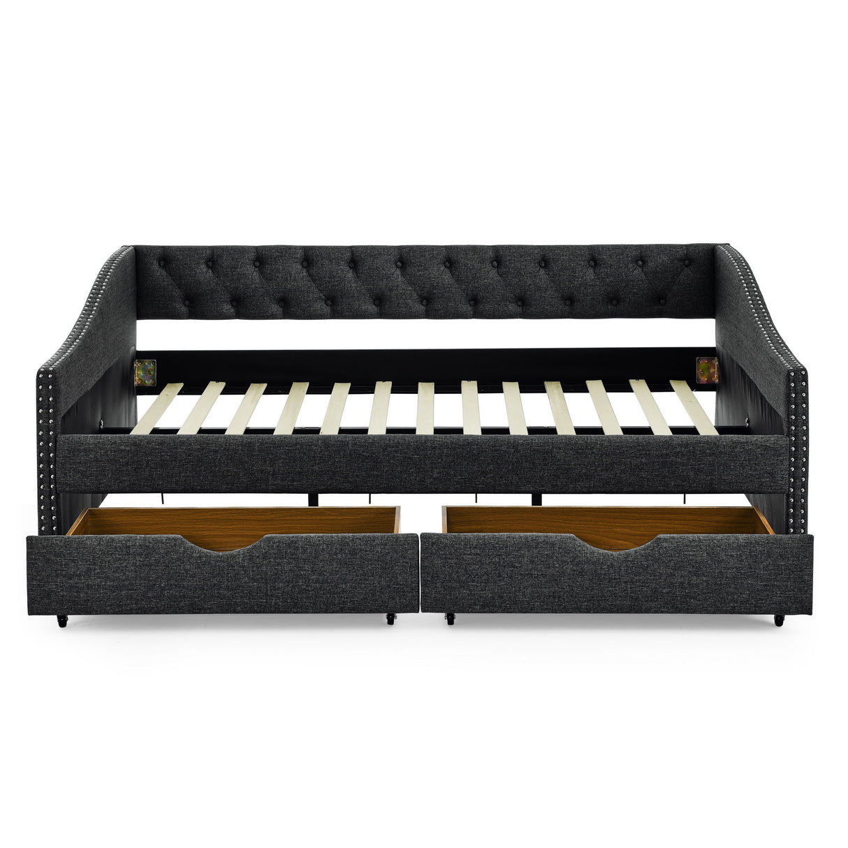 Upholstered Tufted Daybed With 2 Drawers, Waved Arms