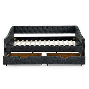 Upholstered Tufted Daybed With Drawers, Waved Arms