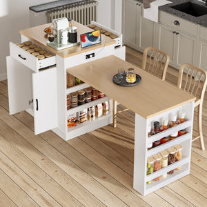 Extendable Island Console with Drawers, Double-Door Cabinet, and Open Shelving