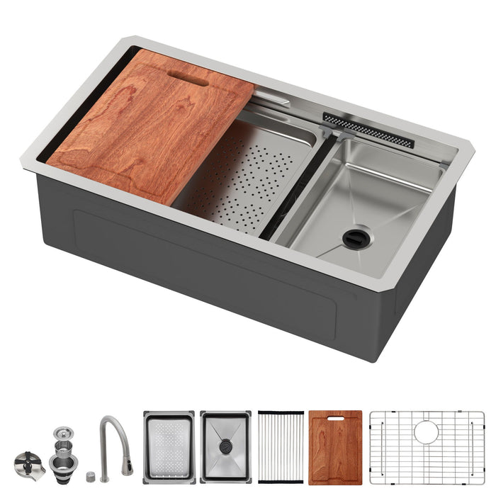 Undermount Stainless Steel Kitchen Sink with Pull Down Faucet & Ledge Workstation - Gray or Black