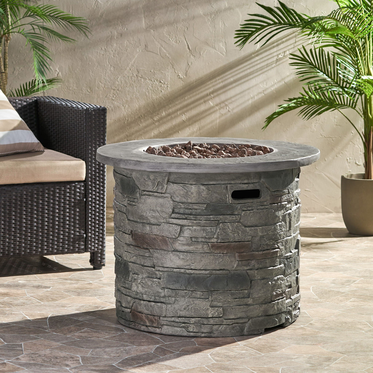Transitional Outdoor 32" Round Propane Fire Pit Table, Lightweight Concrete Construction - Stone Gray - Best Buy Furniture