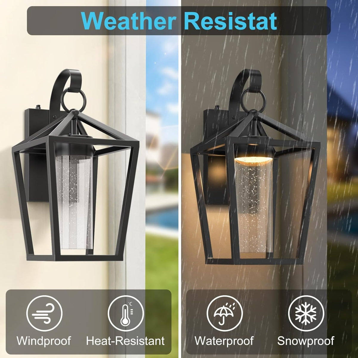 15-Inch Dimmable LED Outdoor Wall Sconce, Black Seeded Glass