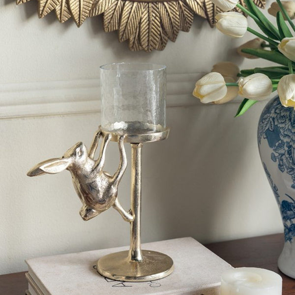 7.9x4x11' Gold Rabbit Pillar Candle Holder with Clear Glass Hurricane Shade