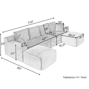 115" Comfy U-Shaped Sectional Modern Boneless Corduroy Couch