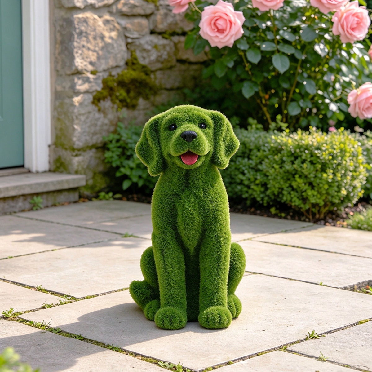 Flocked Resin Dog Garden Statue with Weatherproof Finish - Green