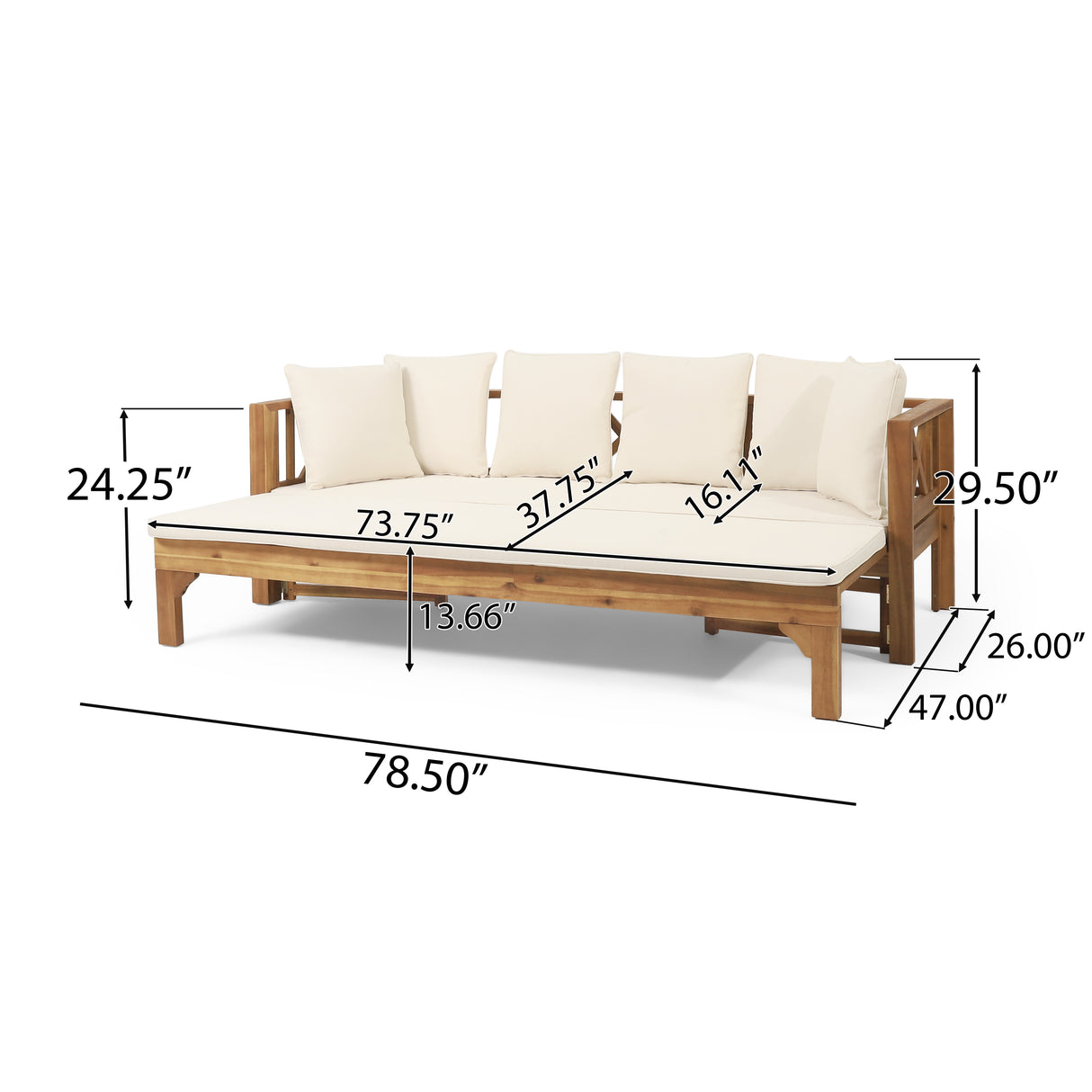 Outdoor Extendable Acacia Wood 3 Seater Sofa