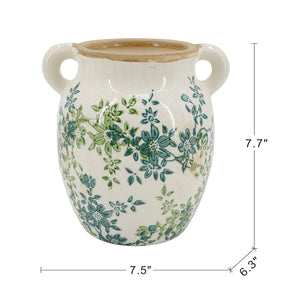 Floral Twin-Handle Ceramic Vase, 7.5 x 6.3 x 7.7 Inches