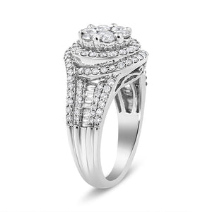 14K White Gold 1 1/2 Cttw Diamond Floral Cluster and Studded Shank Halo Ring (H-I Color, SI2-I1 Clarity) - Ring Size 7