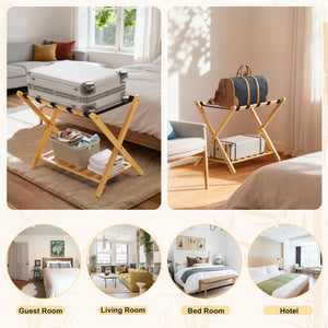 Folding Bamboo Luggage Rack with Lower Storage Shelf