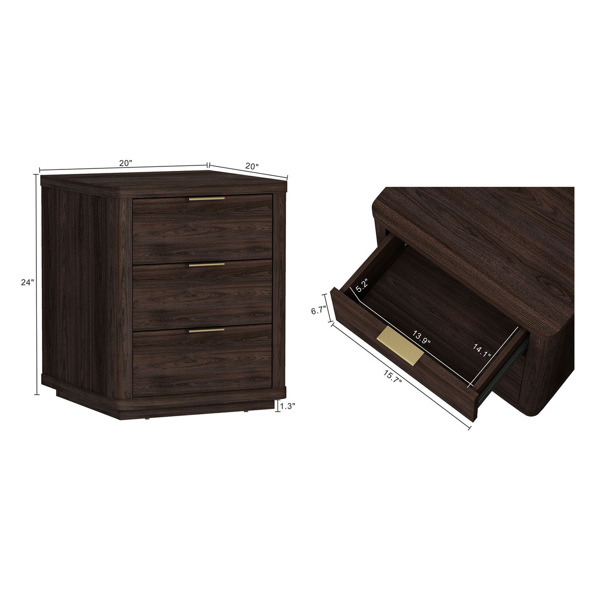 Evelyn - Nightstand With 3 Drawers, Smooth Rounded Edges