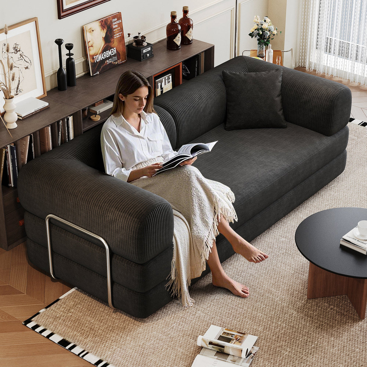 78.8' Compression Sofa,Convertible Floor Sofa Bed-with Pillow Back Support Armrest,Comfy Futon Couch Sleeper Bed,Loveseats Boneless Modular Sectional Sofa,Corduroy fabric,for Living Room,Bedroom,Black