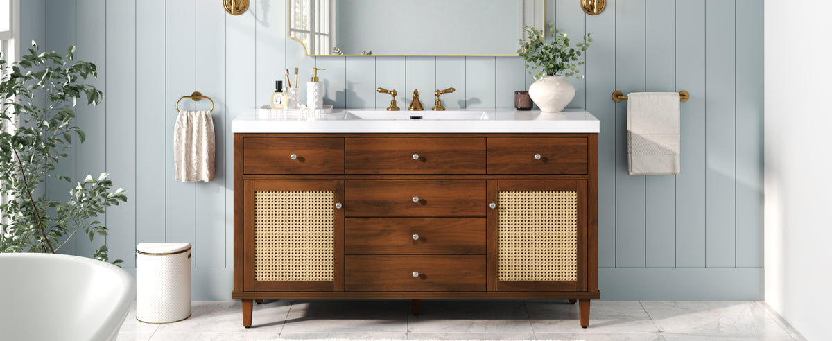 60-Inch Bathroom Vanity with SMC Sink, Brown Solid Wood and MDF, Soft-Close Drawers