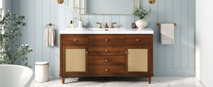 60-Inch Bathroom Vanity with SMC Sink, Brown Solid Wood and MDF, Soft-Close Drawers