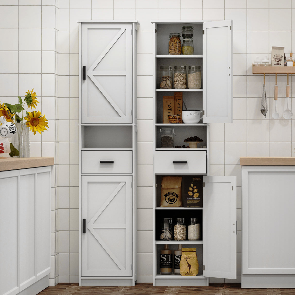 69" H Tall Bathroom Storage Cabinet with 2 Barn Doors and 1 Drawer