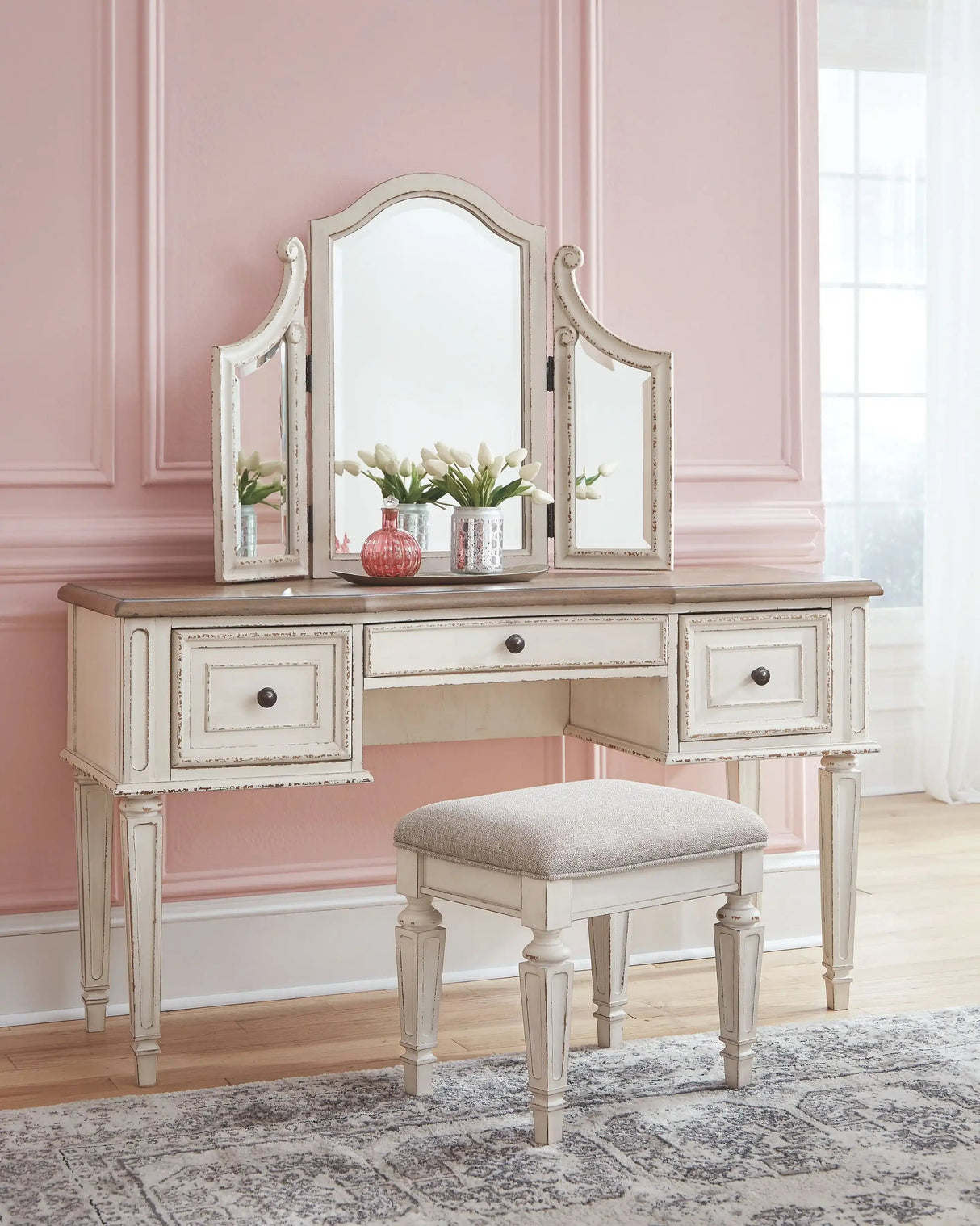 Realyn - Vanity/Mirror/Stool (Set of 3) - White / Brown / Beige - Best Buy Furniture