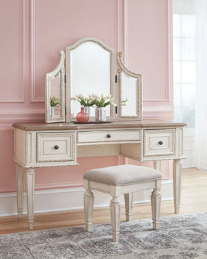 Realyn - Vanity/Mirror/Stool (Set of 3) - White / Brown / Beige - Best Buy Furniture
