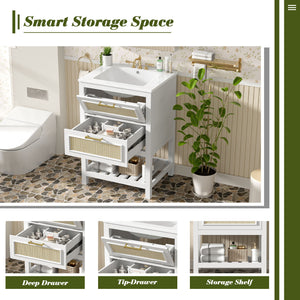 Modern Bathroom Vanity With Integrated Sink, Cabinet With 1 Deep Drawer And 1 Tip-Out Drawer