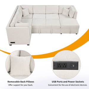 U-Shaped Sectional Sofa Pull Out Sofa Bed With Two USB Ports, Two Power Sockets, Three Back Pillows And A Storage Chaise For Living Room