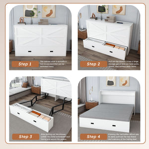 Full Murphy Bed With Storage Drawers, Charging Station, Foldable Panels, And Silent Swivel Wheels