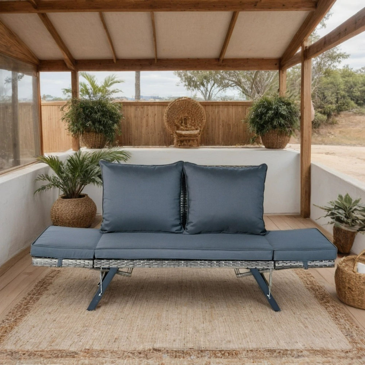 1 Pieces Patio Wicker Side Foldable Bench Patio Backyard Conversation Bench Gray Wicker - Dark Gray
