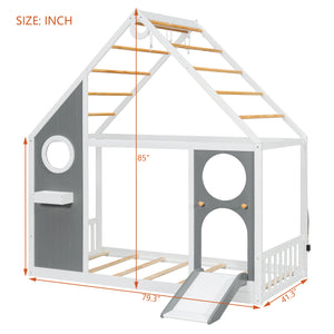 Twin House Bed with Slide, Ball Light Strip - Gray