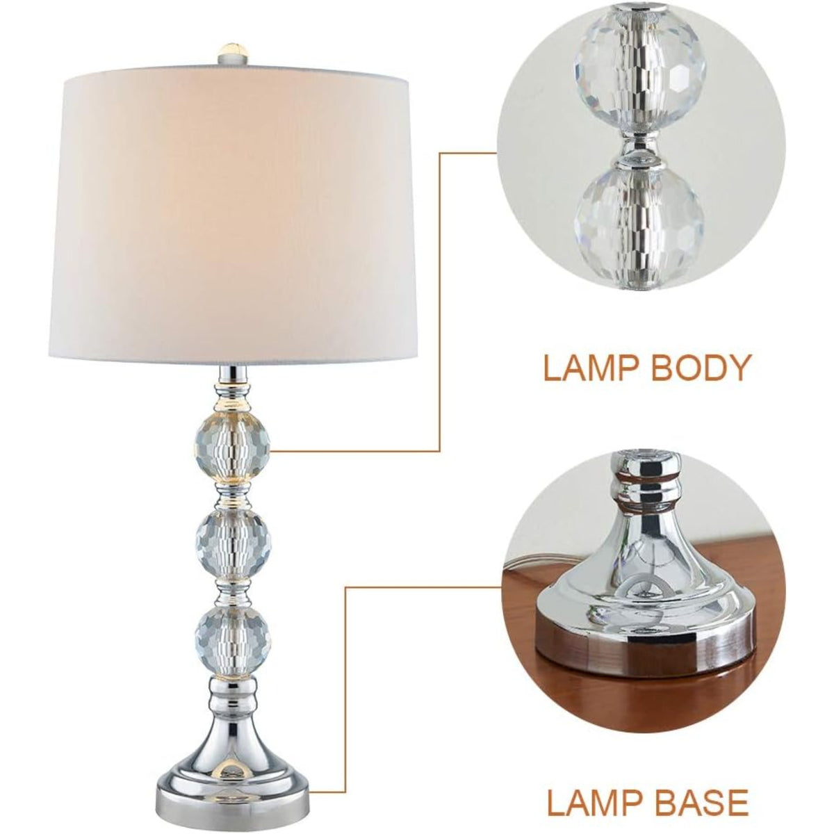 27.5-Inch Crystal Table Lamps Set of 2, 3 Way Dimmable, Nickel