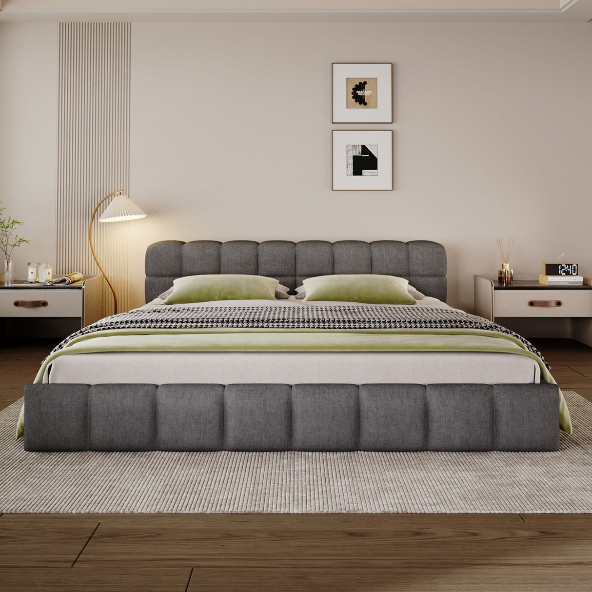 Elegant Upholstered Bed With Checkerboard Design