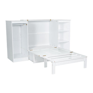 Twin Size Murphy Bed With Bedside Shelves And Wardrobe - White