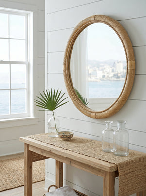 31.9" Woven Rattan Decorative Round Mirror with Wrapped Accents