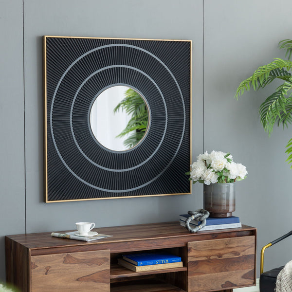 Square Carved Mirror With Pleated Design WithIron Frame, Neutral Colorway Wall Decor For Living Room Bathroom Entryway