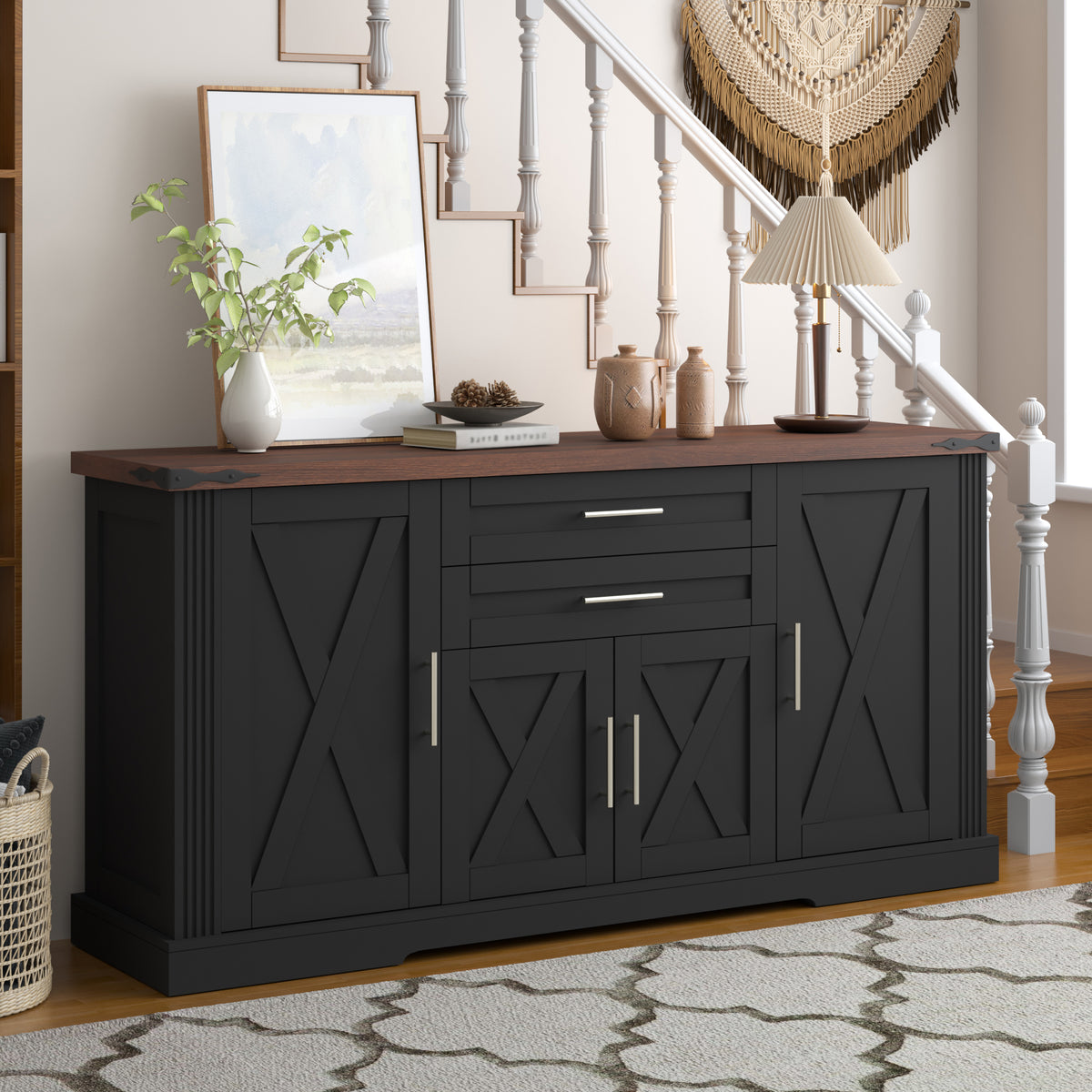 63" Farmhouse Barn Door Storage Cabinet with 2 Drawers
