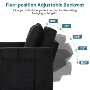 Upholstered Convertible Sleeper Sofa With 5 Position Backrest, Side Pockets, Storage