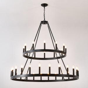 2 Tiers Wagon Wheel Chandelier Wooden Farmhouse 36 Light (24 / 12) Or (12 / 24) Metal Chandeliers 2 Story Light Fixtures Industrial For High Ceiling Living Dining Room Foyer, Adjustable Height - Black