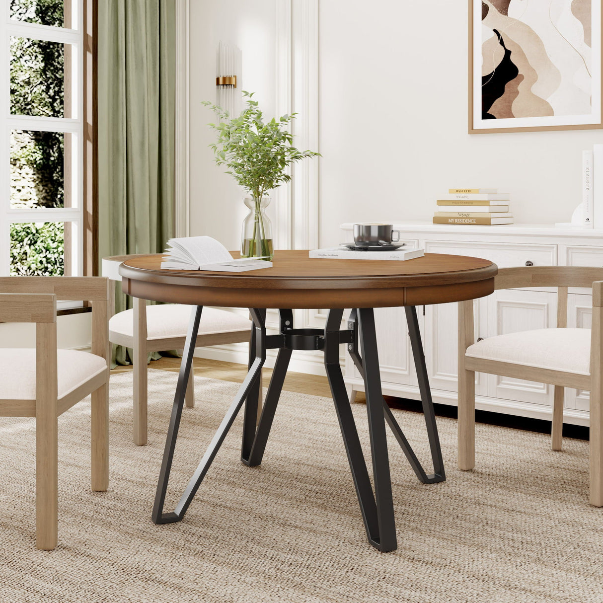 Mid Century Modern Round Dining Table With Metal Legs And Open Shelf - Best Buy Furniture
