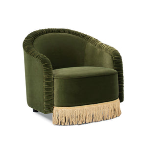 Serena 31.5" Ruched Barrel Back Accent Arm Chair with Bullion Fringe, Olive