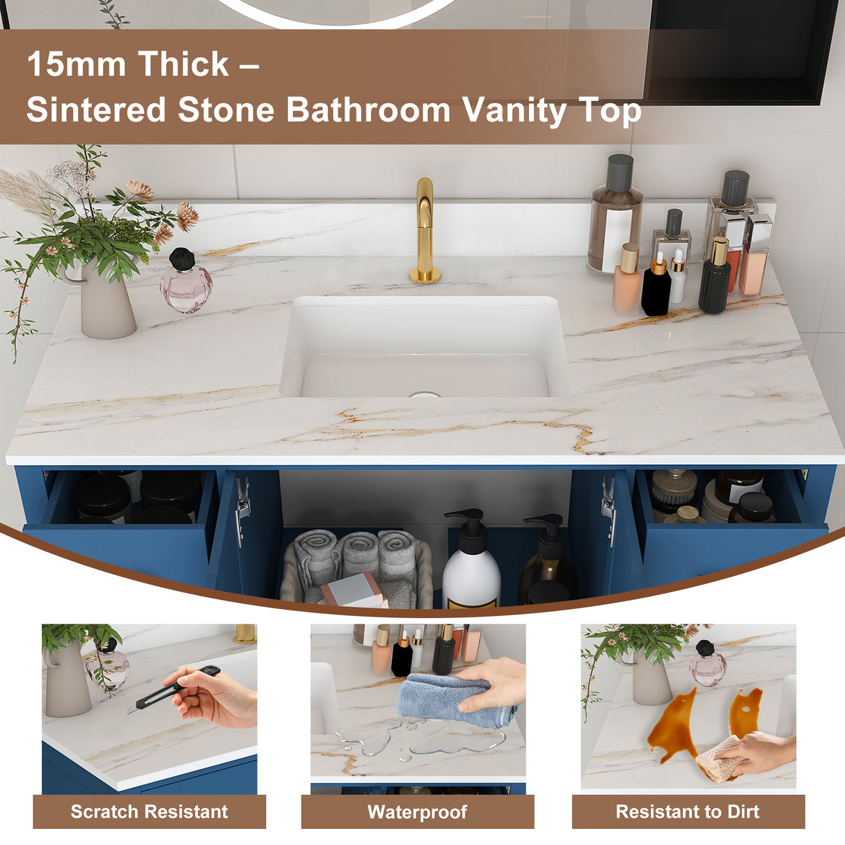 42" Modern Solid Wood Bathroom Vanity with Sink, 43" Carrara
