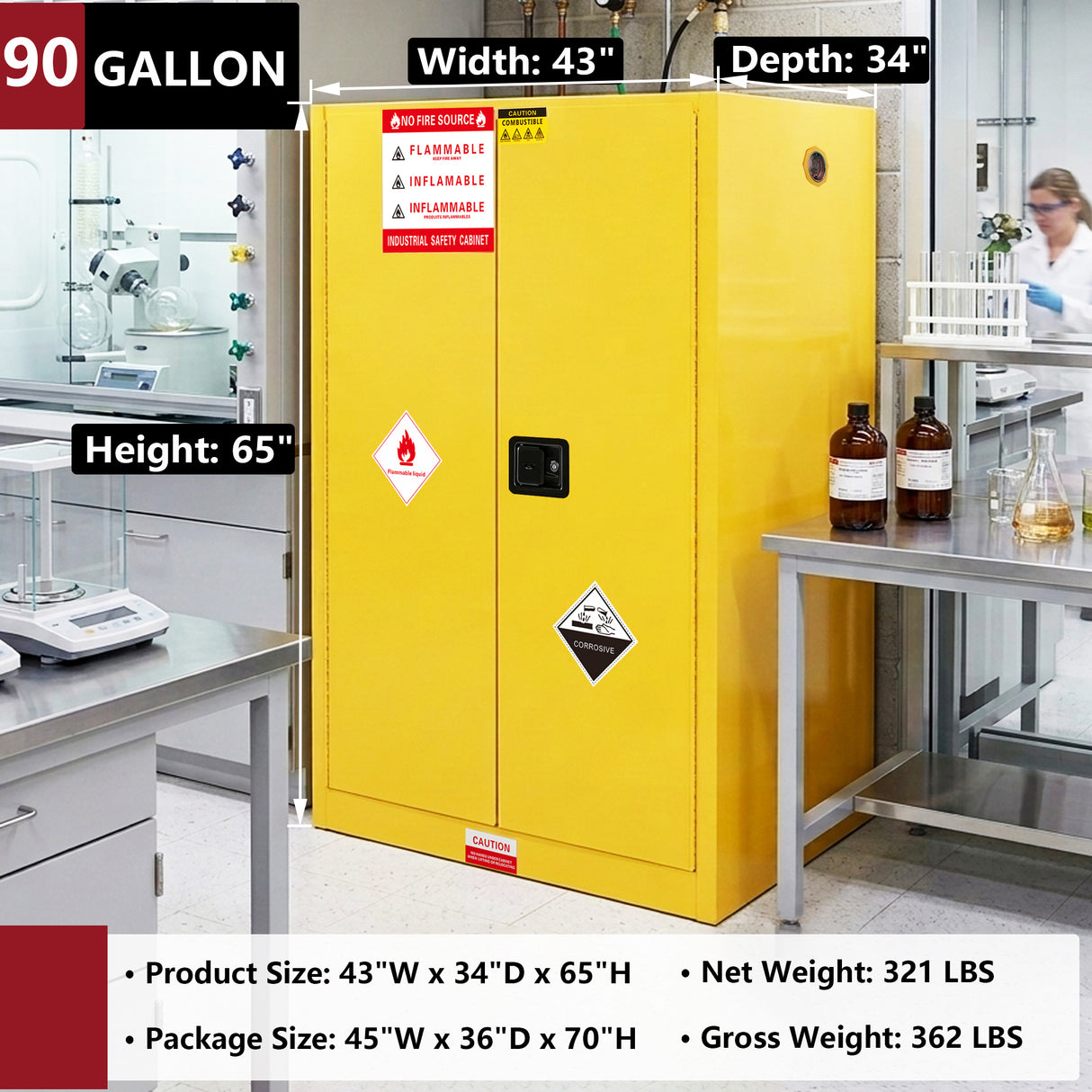 90 Gal Flammable Safety Cabinet, 43"W x 34"D x 65"H