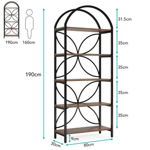 Tall 5 Tier Arched Bookshelf With Shelves For Living Room - Rustic Brown