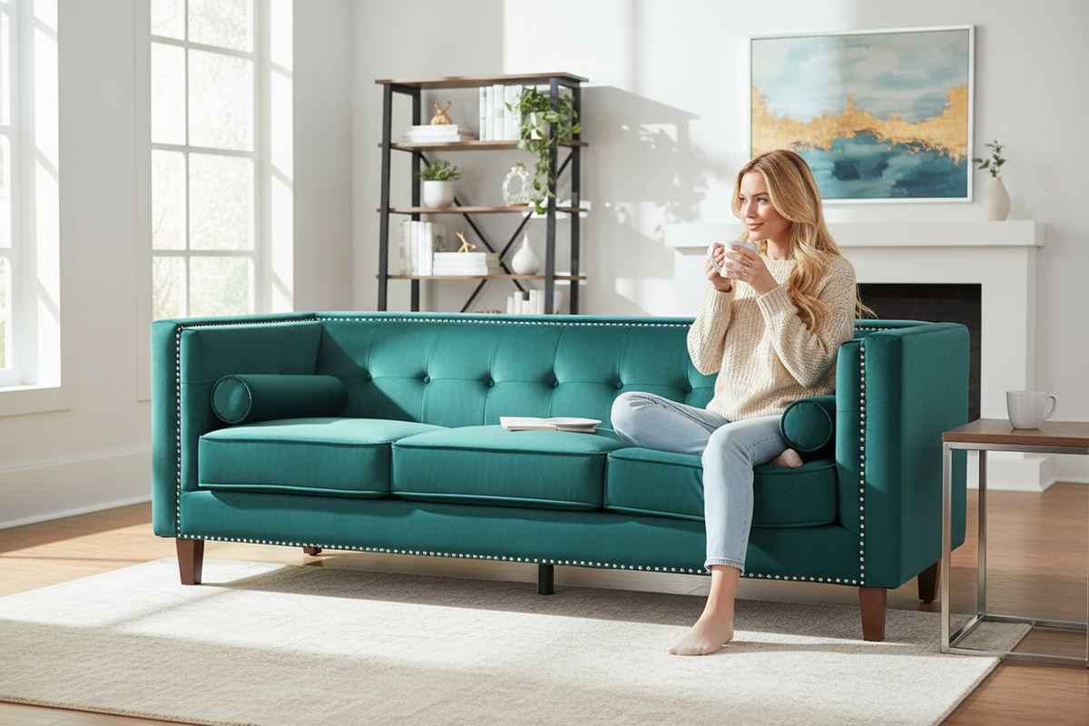 Chesterfield Button Tufted 3-Seater Sofa, Green Velvet with Nailhead Trim