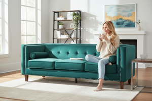 Chesterfield Button Tufted 3-Seater Sofa, Green Velvet with Nailhead Trim