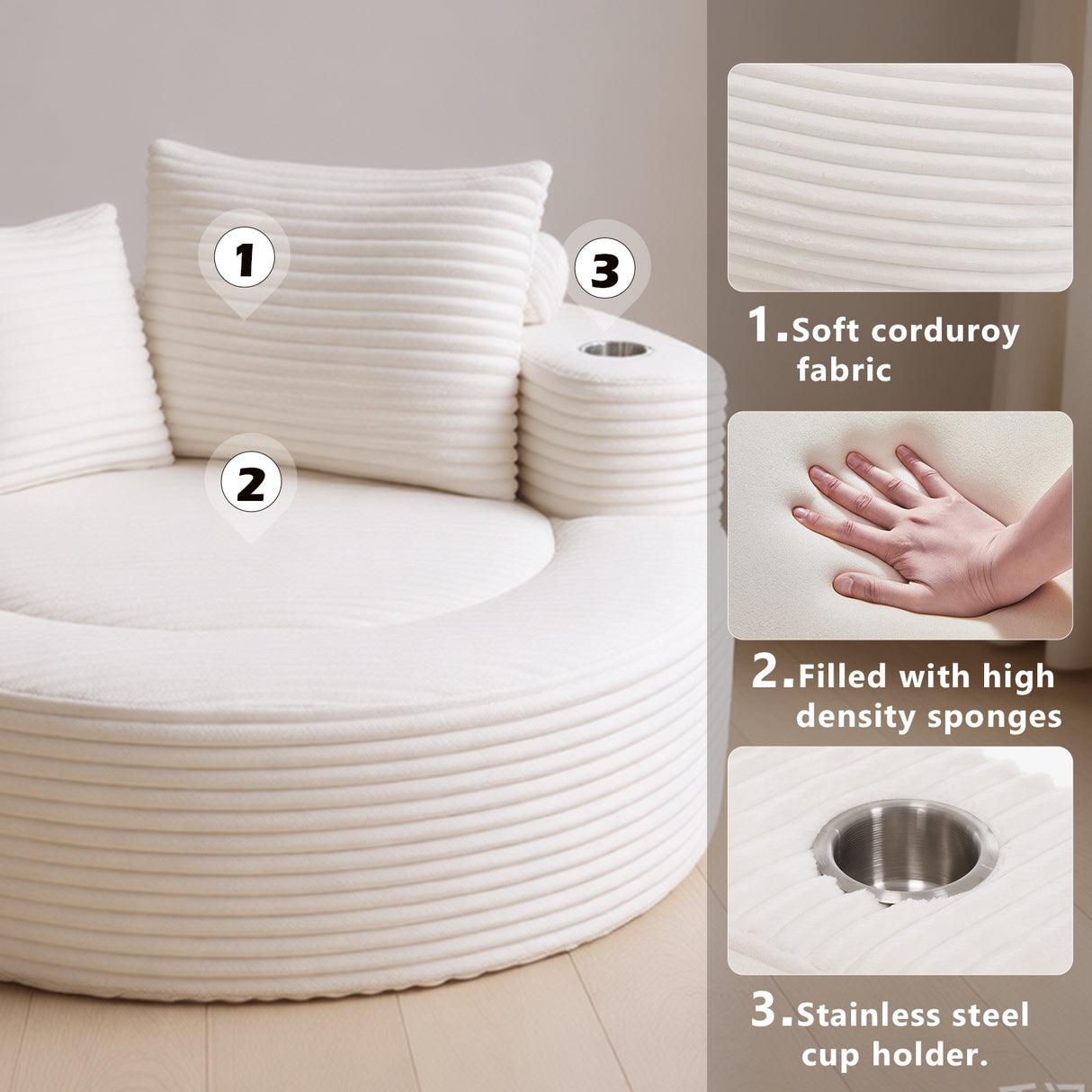 Round Sofa Bed with Memory Foam Sectional Couches for Living Room