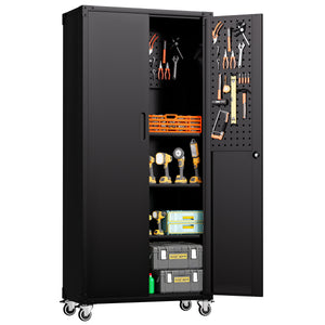 71" All-Black Metal Garage Storage Cabinet with Wheels