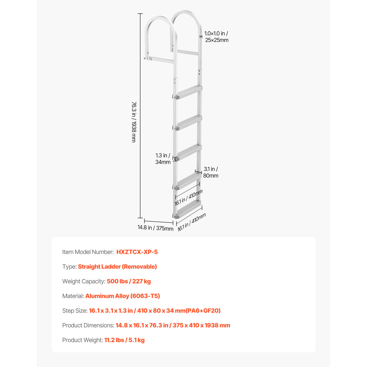 Removable Dock Ladder, 5 Steps, Aluminum Alloy Pontoon Boat Swim Ladder