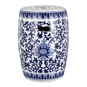 Ceramic Garden Stool, Small Side Tabel - White / Blue