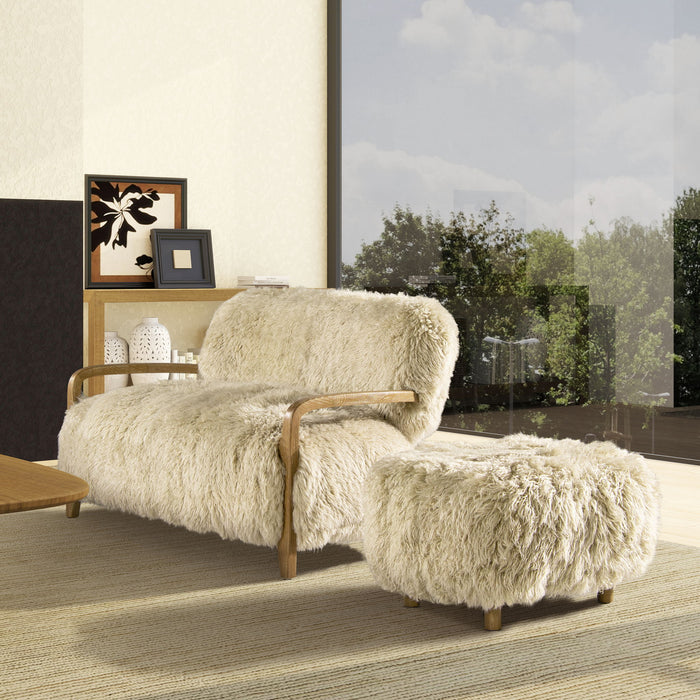 Sheepskin Accent Loveseat with Oak Wood Arms - Taupe / Natural