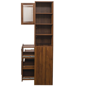 Tall Kitchen Pantry Cabinet With 4 Tier Side Shelf, 2 Drawers, Freestanding Food Hutch With Microwave Stand For Dining Room - Walnut