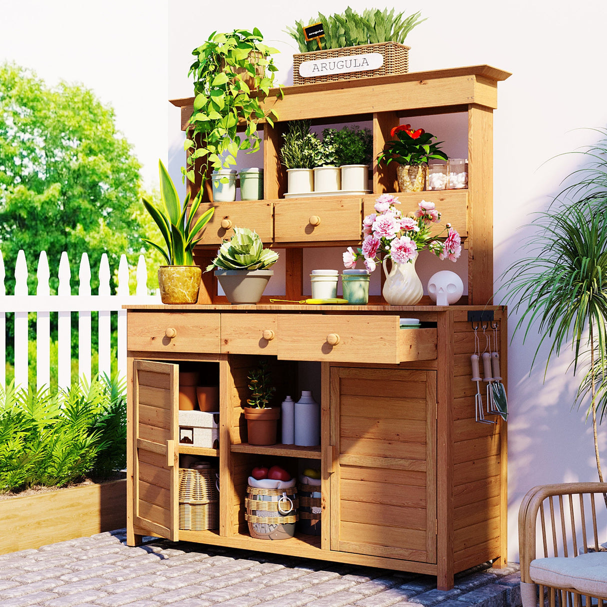 TOPMAX 65.7'' Tall Garden Potting Bench Table with Hutch
