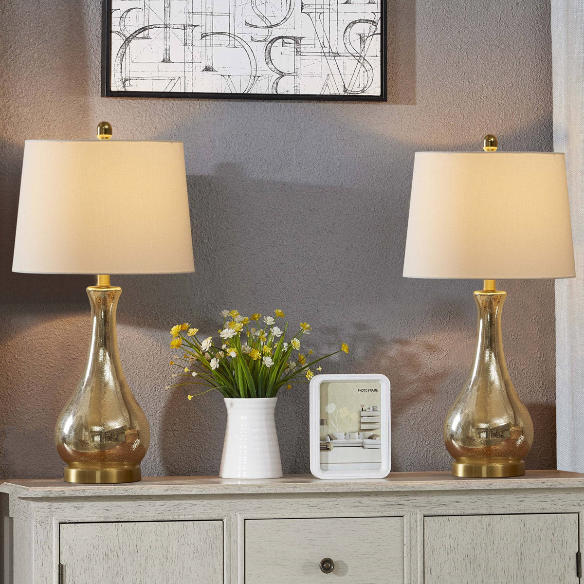 26" Modern Glam Table Lamp, Antique Brass and Glass, 3-Way Dimmable