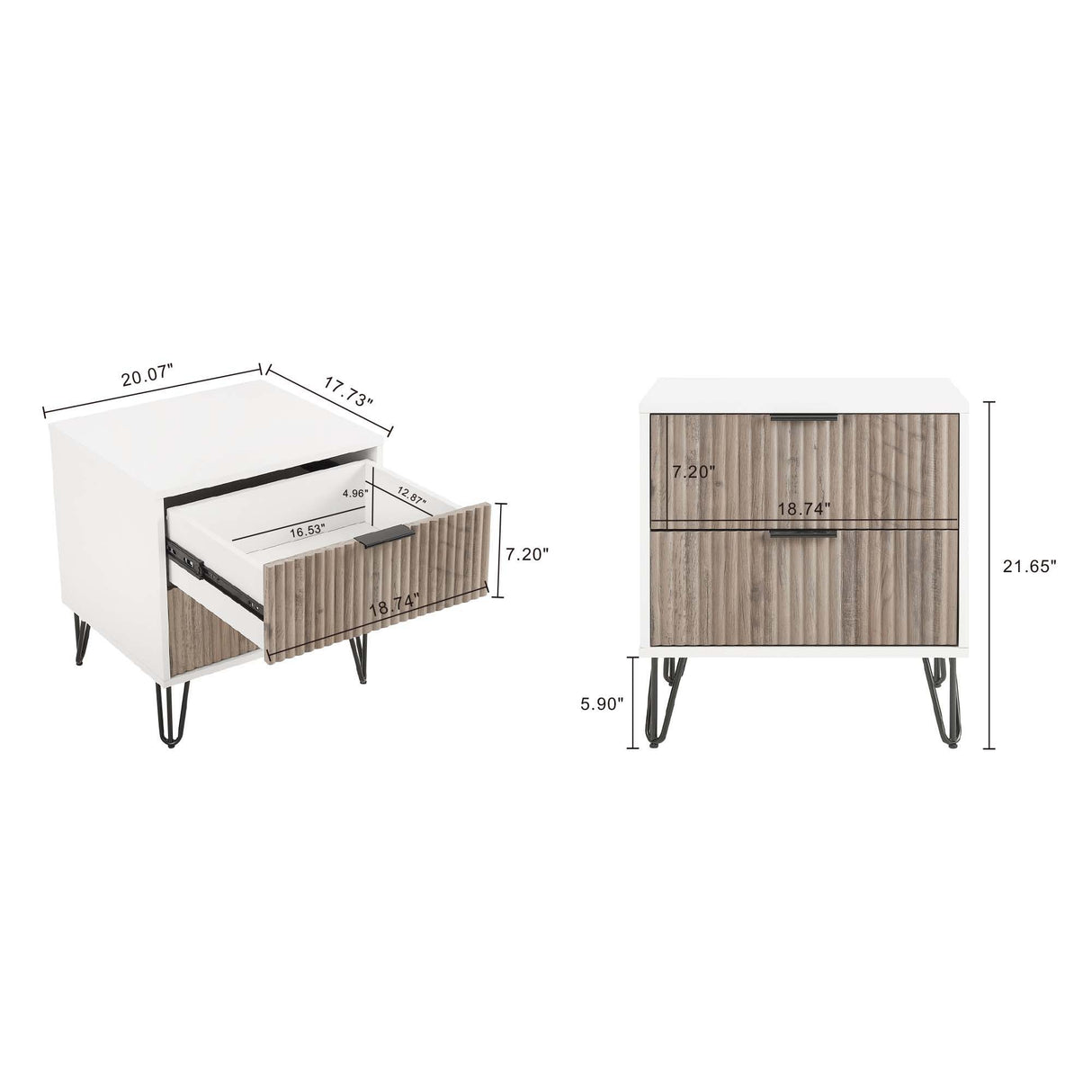Dumbo - Fluted Nightstand With 2 Drawers - Gray / White